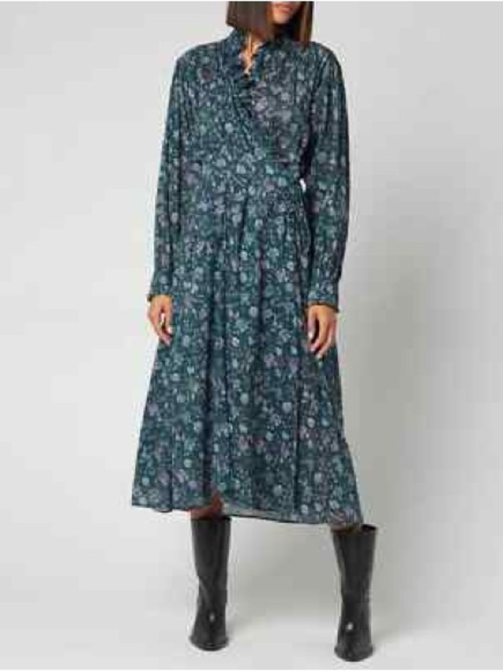 Long-Sleeve Teal Cotton Floral Wrap Midi Dress